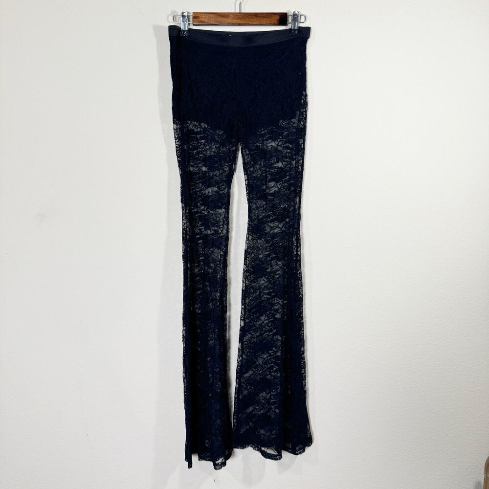 urban outfitters | black lace sheer flare leg women's pants with shorts sz M